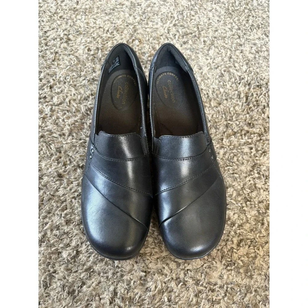 Clarks Collection Black Leather Slip-On Comfort Casual Shoes Women 8.5